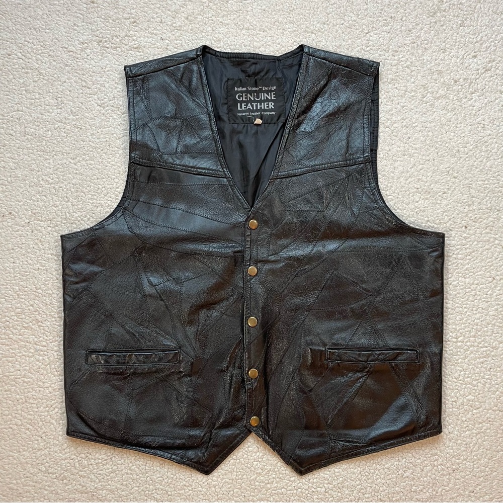 Vintage 90s Navarre Leather Company Cut & Sew Geometric Black Snap Up Biker Vest
